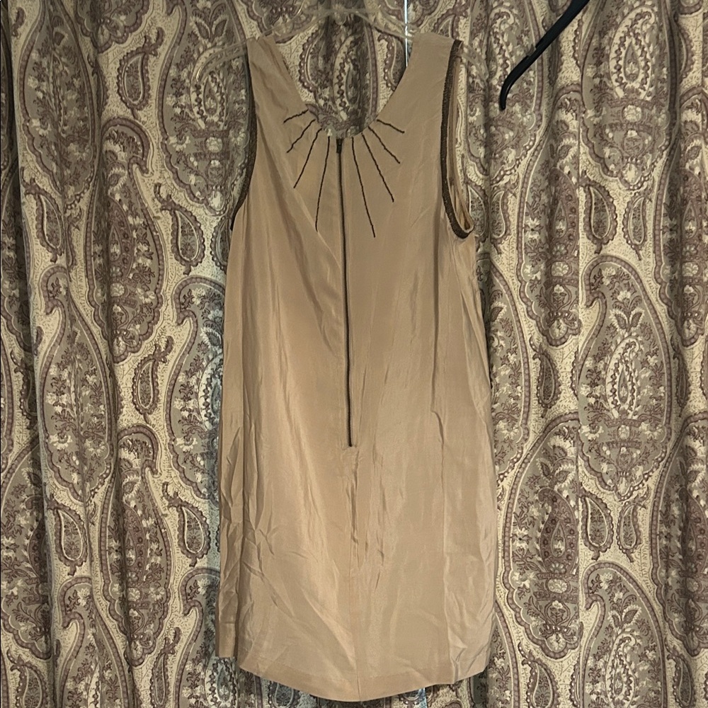 Kimchi Blue 100% Silk Tan Mini Dress with Brown Beaded Geometric Design - Picture 4 of 5